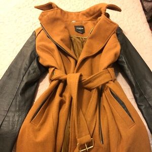 Two-tone leather and wool bebe coat